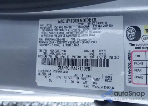 2012 Ford Fusion Se z USA, uszkodzony, nr VIN 3FAHP0HA6CR140981